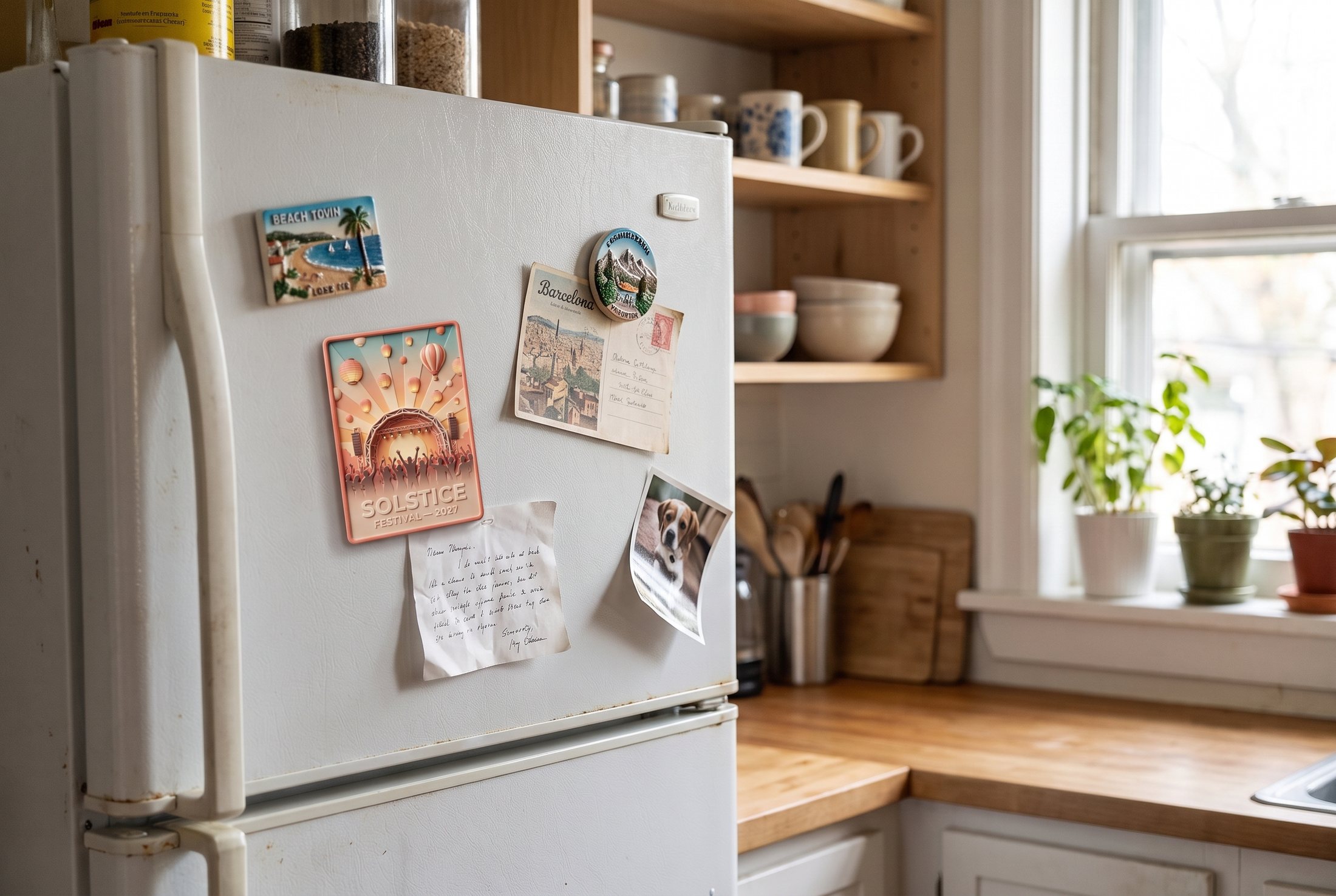 A memoried Smart Souvenir on a real fridge — a daily touchpoint in your guests' kitchen